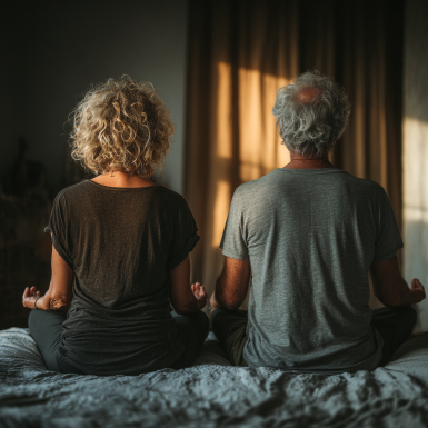 Seniori practicând yoga în parc