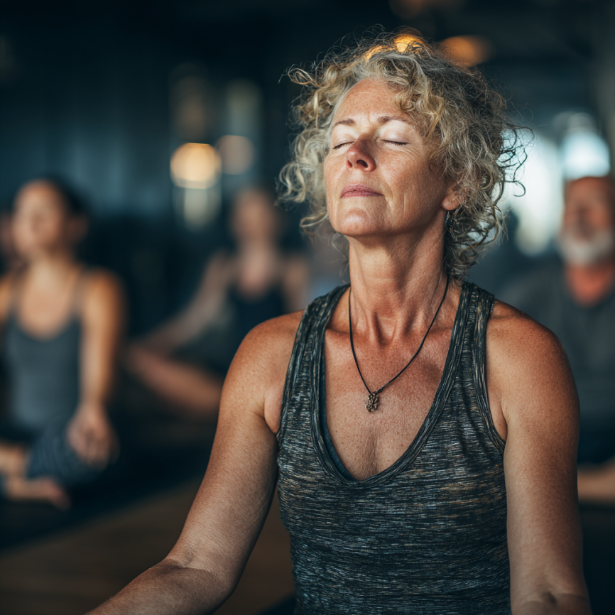 Grup de seniori în sesiune de yoga